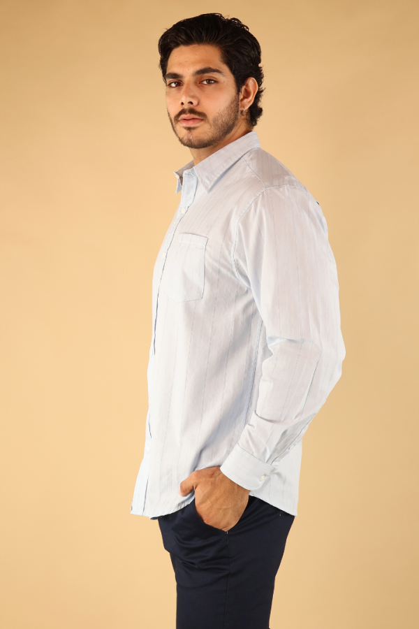 Camisa Manga Corta Azul Cielo Hombre Rayas Texturizada Elegante Fresca